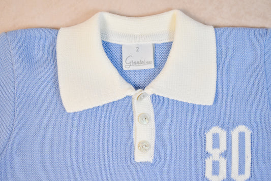 Granlei 1980 Knit Polo “80” Top - Light Blue/Gray