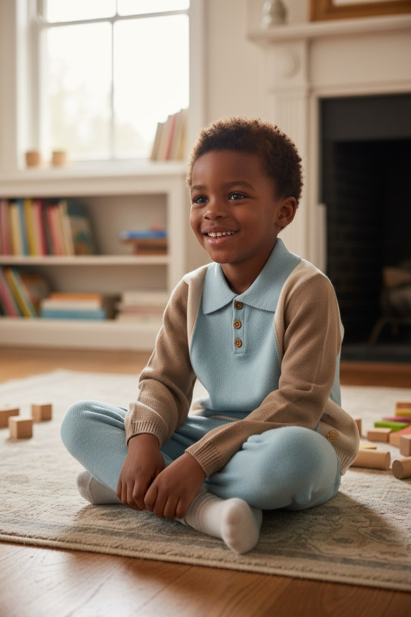 Color-Block Knit Polo 2 piece set - Camel/Powder Blue