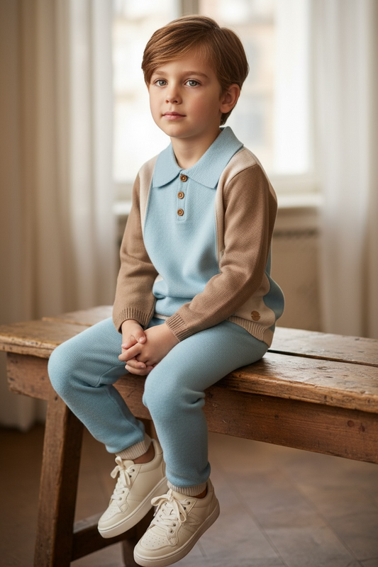 Color-Block Knit Polo 2 piece set - Camel/Powder Blue