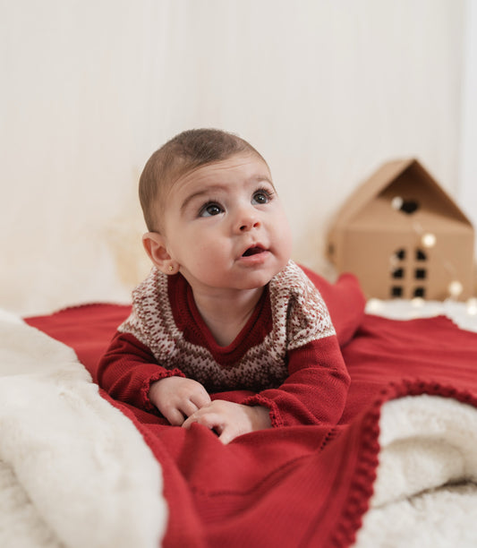 Fair Isle Knit Footed Romper – Deep Cranberry