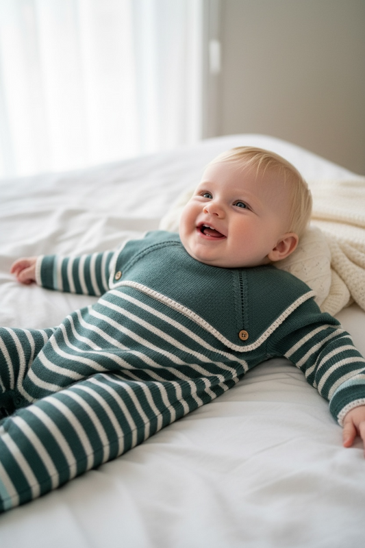 Sailor Stripe Baby Knit Romper – Sage Green/Beige/Seafoam