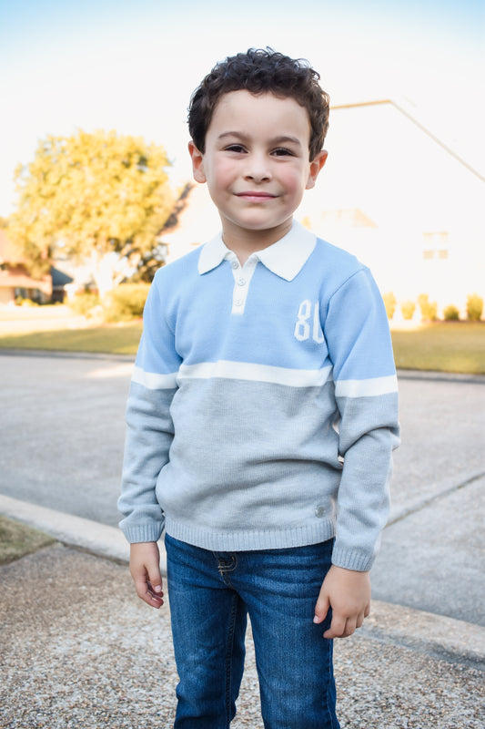 Granlei 1980 Knit Polo “80” Top - Light Blue/Gray