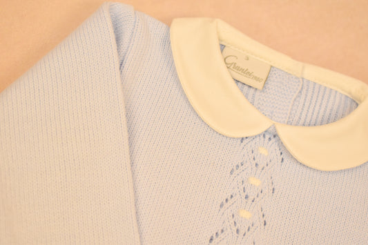 Peter Pan Collar, Knit Footed Romper - Powder Blue