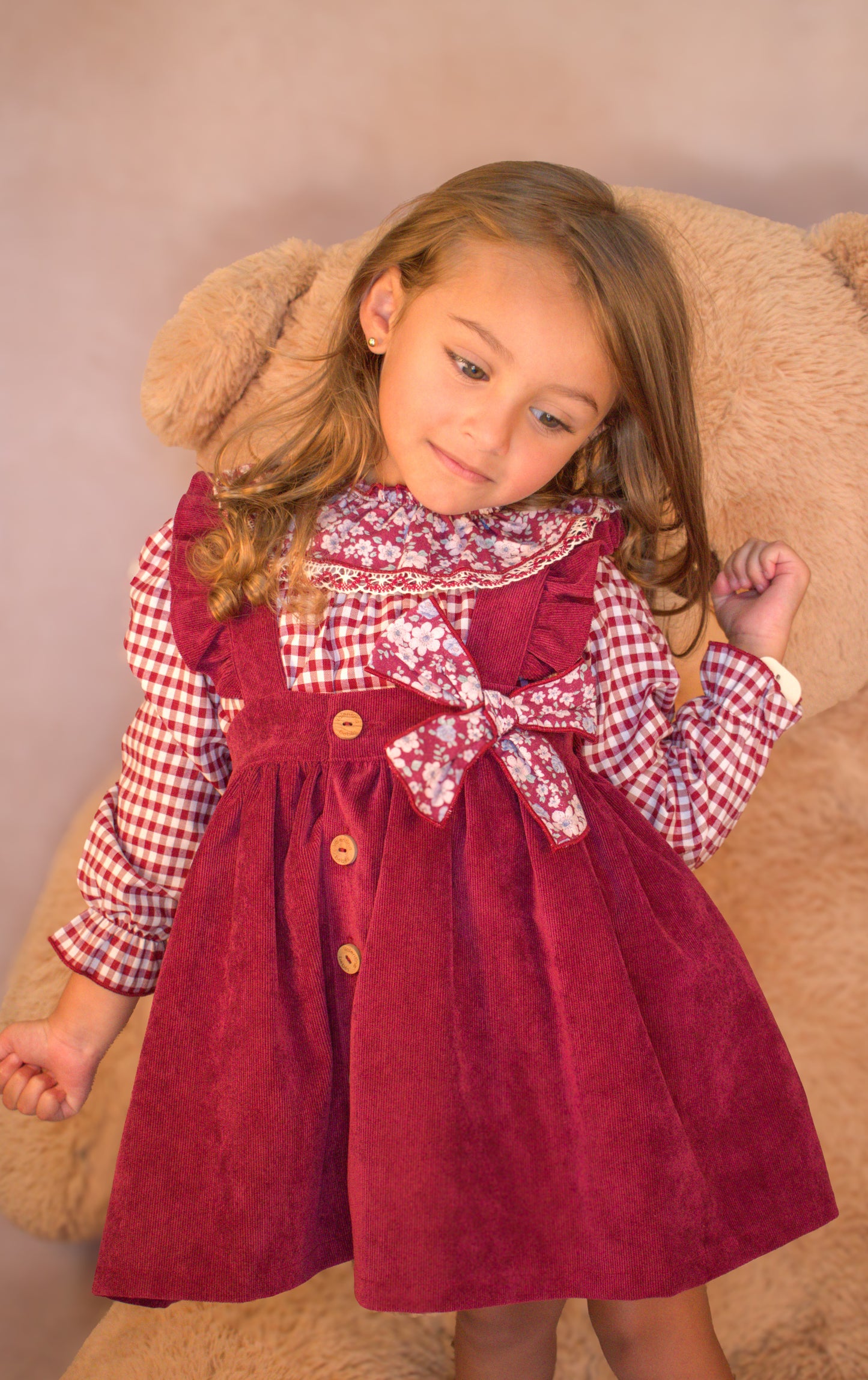 Cranberry Gingham & Blossom Suspender Set (3-Piece)