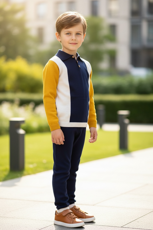 Color-Block Knit Polo 2 piece set - Beige/Navy/Mustard