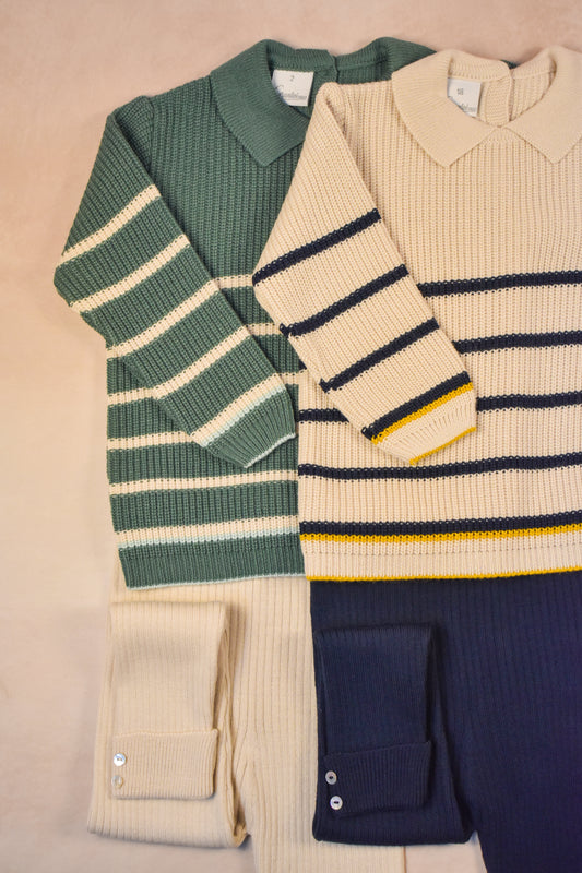 Striped Knit Set, Granlei 1980,. - Sage Green/Beige/Seafoam