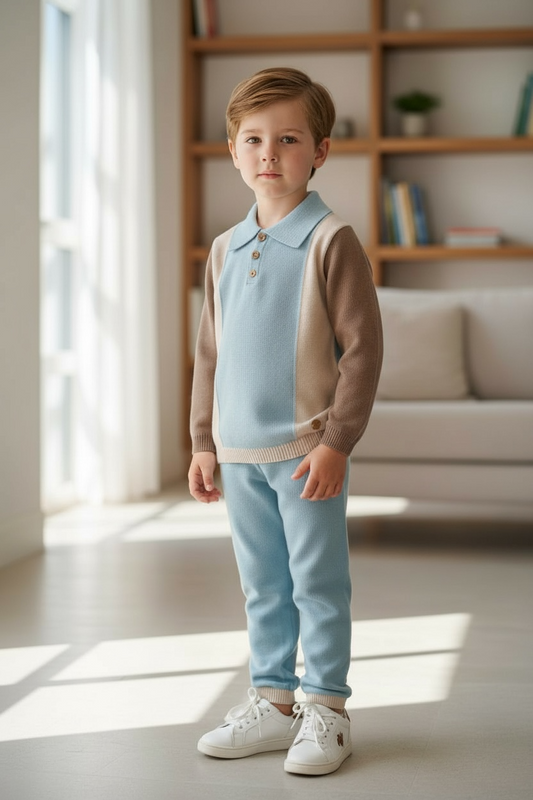 Color-Block Knit Polo 2 piece set - Camel/Powder Blue