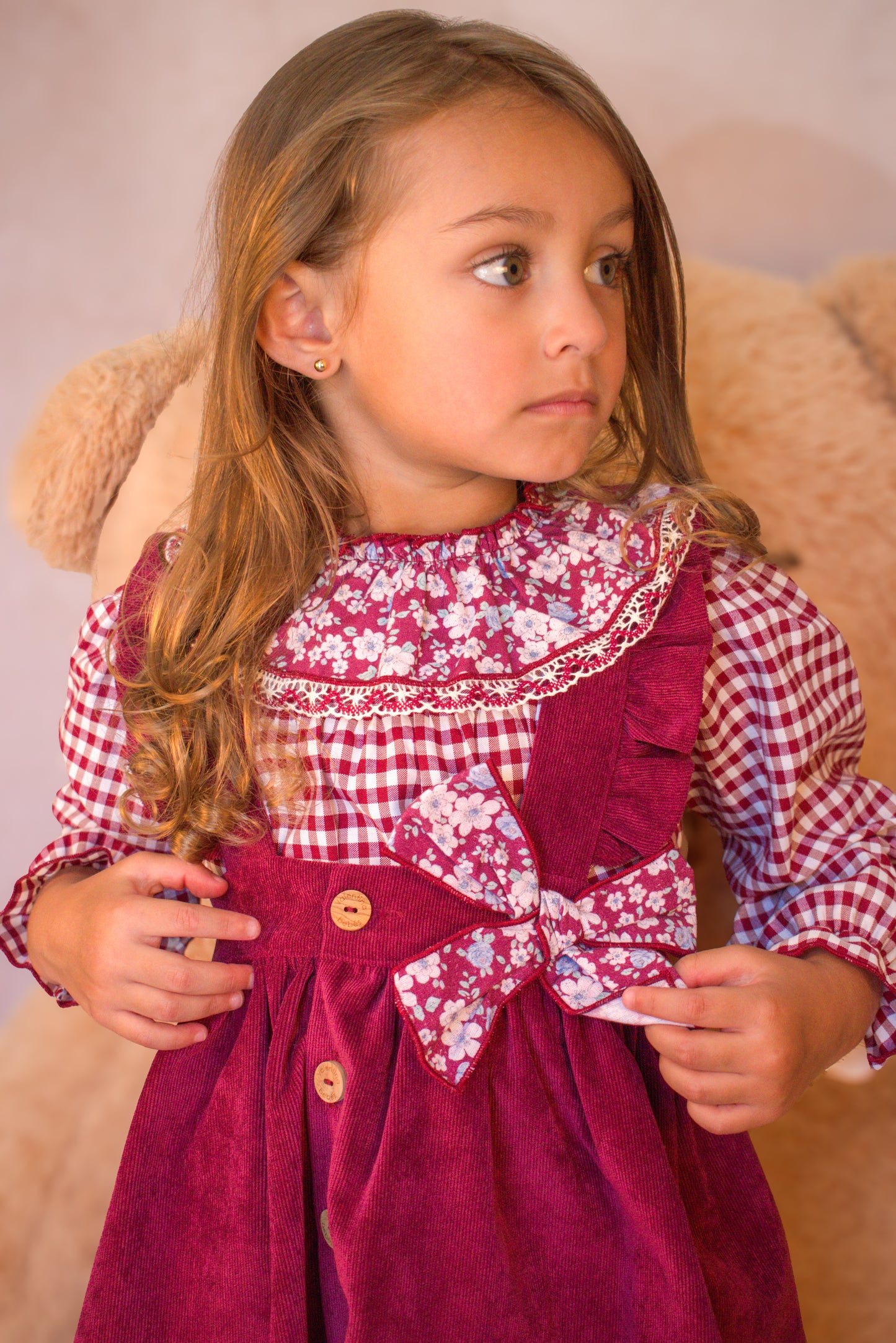 Cranberry Gingham & Blossom Suspender Set (3-Piece)