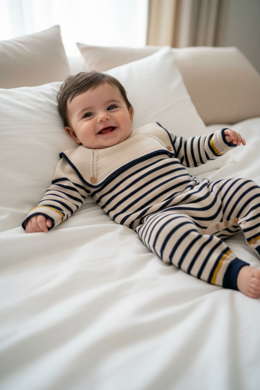 Sailor Stripe Baby Knit Romper – Beige/Navy/Mustard