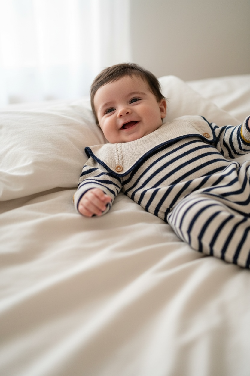 Sailor Stripe Baby Knit Romper – Beige/Navy/Mustard