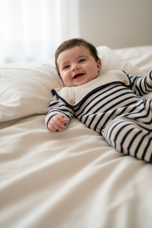Sailor Stripe Baby Knit Romper – Beige/Navy/Mustard